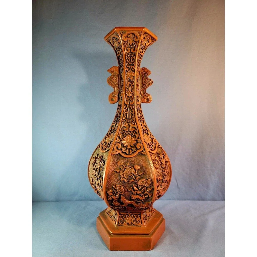 Red Carved Lacquerware Vase China Dynasty Flower Bottle 18.75''Tall Vessel